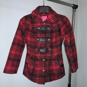 London Fog wool blend plaid girls pea coat Sz 7/8 snap front peplum hem pockets